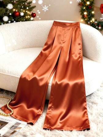 AOMEI レディース シャイニーブラウン ロング フレアレッグ パンツ カジュアル サテントラウザー