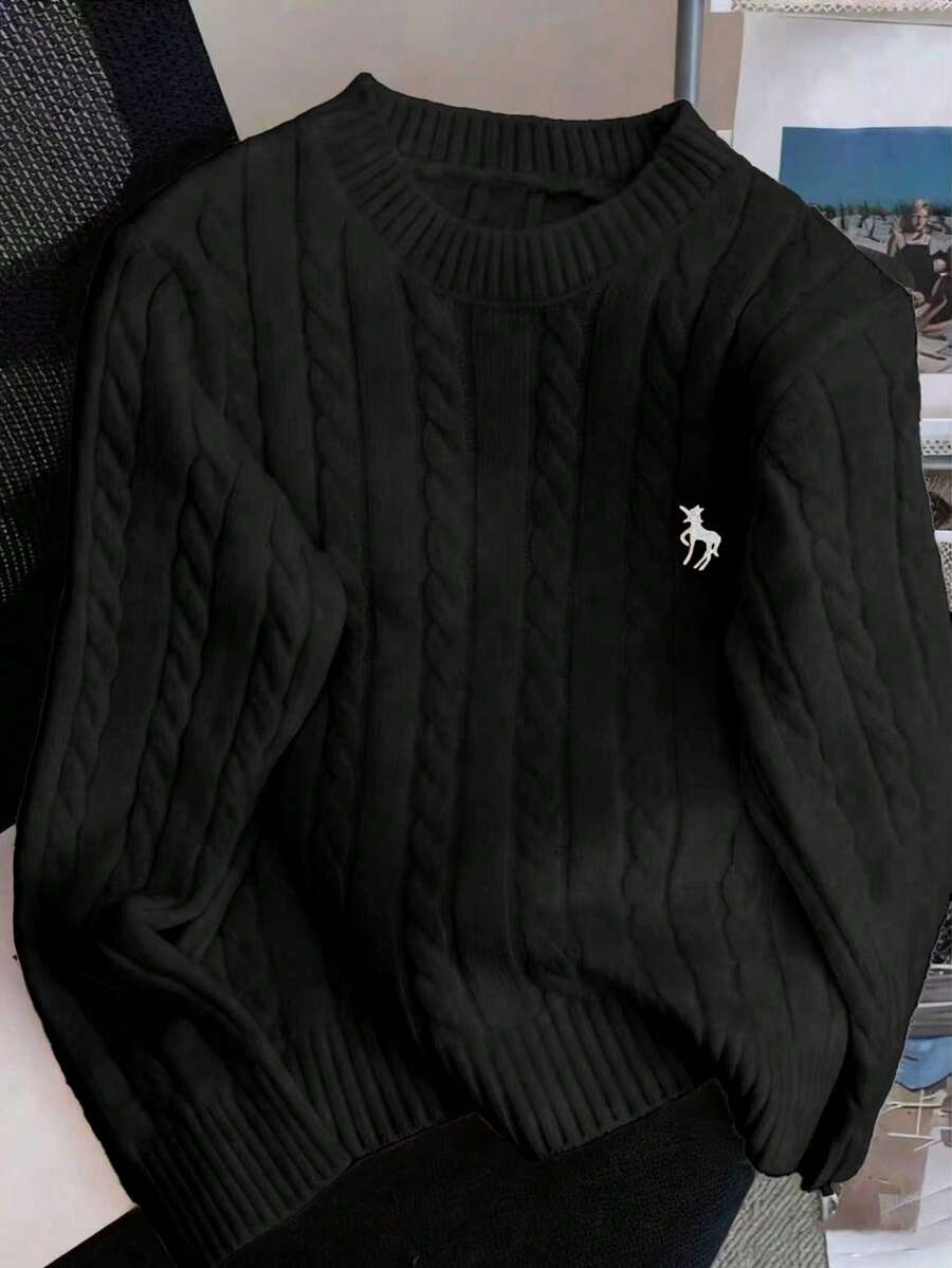 Autumn/Winter Casual Style Embroidered Crew Neck Cable Knit Sweater Women, New Loose Fit Cardigan Knitwear