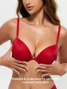 WINGSLOVE 情人节深V文胸，无钢圈深V加厚罩杯女士文胸，浪漫约会内衣 - 紅色 - 查看 5