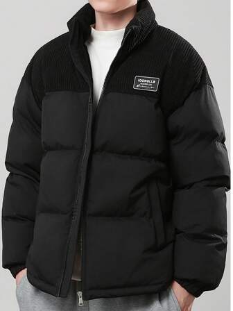 Men's Padded Coat With Letter Patch, Zip-Up Stand Collar Padded Coat, Warm Winter Casual Commuter Streetwear