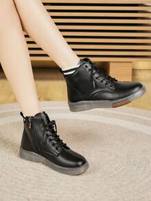 女士厚底系带踝靴，时尚百搭防滑耐穿舒适高帮休闲鞋，软底轻便侧拉链靴，秋冬款