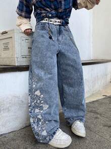 1件男士时尚街头风刺绣阔腿牛仔裤，宽松舒适，四季皆宜（不含腰带或配饰） - 藍色 - 查看 4