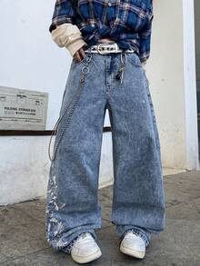 1件男士时尚街头风刺绣阔腿牛仔裤，宽松舒适，四季皆宜（不含腰带或配饰） - 藍色 - 查看 2