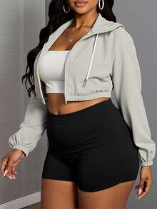 Nueva chaqueta corta con capucha de manga larga y unicolor casual deportiva - Verde Lima - Ver 4