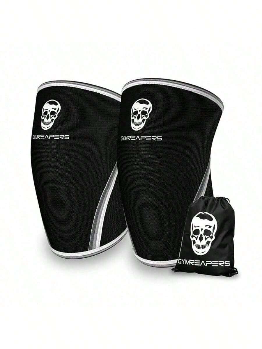 Gymreapers - Rodilleras (1 par) con bolsa de gimnasio, aprobadas por la IPF, para sentadillas, levantamiento de pesas y de potencia, mangas de neopreno de 7 mm, (negro/negro, talla M) - Blanco y negro - Ver 1
