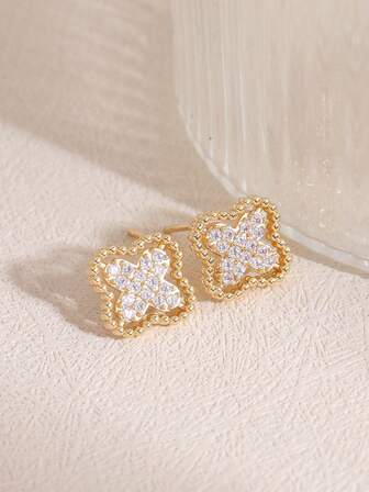 1 Pair Fashionable & Elegant Lucky Clover14k Gold Plated Earrings, Cubic Zirconia Elegant Bridal Fashion Gold Earrings, Suitable For Women's Daily, Party, Wear Valentines