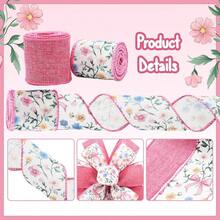 2 Rolls Pink Floral Wired Ribbon With Bow Pattern - 2.5 Inch Wide, 10 Yards Total, Elegant Wedding Decor, DIY Gift Wrapping, Craft Supplies, Shabby Chic Floral Bow Ribbon, Summer Decor,Pink - 粉色 - 查看 3