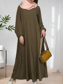 Elegant Arabic Style Woven Dress, Bishop Sleeves, Round Neck, Asymmetric Design Details - Green - View 4