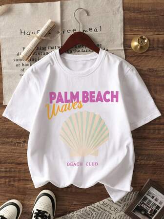 Plus Size Women's Summer New Simple Shell And Slogan Print Daily Casual Vacation Style Round Neck Loose White Short-Sleeved T-Shirt Fashionable And Versatile Suitable For Daily Wear Women's Tops