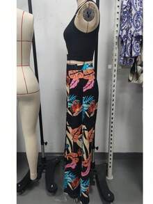 2pcs Set Women Solid Color Sleeveless Hollow Simple Crop Top And Long Pants - Multicolor - View 3