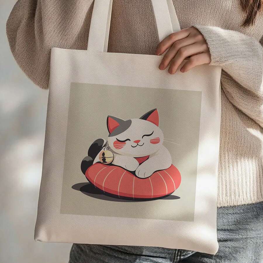 Women's Minimalist Japanese Good Luck Bag - Heavy-Duty Tote With Sleeping Cat Design, Spacious Open-Top Shopping Bag For Everyday, Beach, Office - Available In Beige, Red, Gray, White, Pink - Gift Idea, Casual Carryall, Playful Illustration, Sturdy Construction, Fashion Accessory - 13.8x15.75 英吋(35x40 公分) - 查看 1