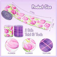 2 Rolls Purple Tulip Wired Ribbon - 2.5 Inch Wide, 10 Yards Total, Elegant Tulip Floral For Wedding Decor, DIY Crafts, Gift Wrapping - Spring-Themed Purple Wired Edge Ribbon,Purple - Purple - View 4