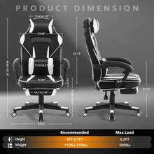 Silla de videojuegos, silla de juegos con soporte lumbar de masaje y reposapiés Silla de videojuegos ergonómica grande y alta ajustable en altura con asiento giratorio y reposacabezas para oficina en casa - Blanco y Negro - Ver 2