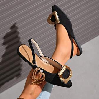 Sandalias planas con hebilla de metal, zapatos elegantes de punta puntiaguda y de fácil deslizamiento para mujer