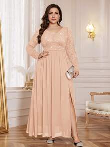 大码深V领亮片花卉蕾丝撞色雪纺开衩长裙，优雅正式礼服，适合舞会、婚礼宾客、情人节、毕业典礼、晚宴、返校节及其他场合，春季派对必备 - 香檳色 - 查看 5