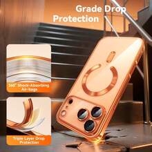 1pc Star Universe Orange Magnetic Adsorption Electroplated Edge Silicone Soft Transparent Full Coverage Glass Lens Film Strong Magnet Compatible Magnetic Wireless Charging Anti-Dust Anti-Drop Non-Yellowing Phone Case Compatible With Apple 17Pro/17ProMax/Air/17/16Pro/16ProMax/16Plus/16/16E/SE4/15Pro/15ProMax/15Plus/15/14Pro/14ProMax/14Plus/14/13Pro/13ProMax/13/12Pro/12ProMax/12/11ProMax/11/11Pro/XSMax/XR/XS/X