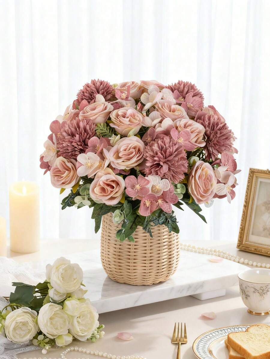 1 Stück/2 Stücke künstliche Pfingstrosen Blumen, Seidenhydrangeen Sträuße, Fake Rosen Kugel Chrysanthemen für Herbst Hochzeit Vase, Zuhause Esszimmer Schlafzimmer Dekorationen, Feste Geburtstags Party Accessoires, Outdoor Garten Dekorationen - Sandrot - Übersicht 1