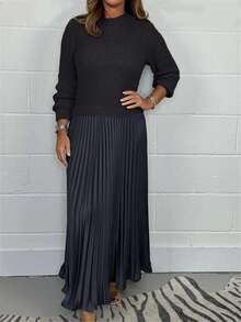 大码休闲纯色长袖针织拼接褶裥下摆连衣裙，优雅女士连衣裙，春秋季 - 深灰色 - 查看 5
