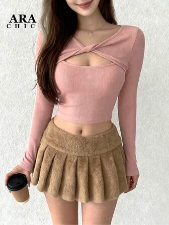 ARA CHIC Women's 1-Piece Pink Sexy Hollow-Out Bust-Enhancing Long-Sleeve Knitted Base Top - Stylish, Purely Alluring, Slim-Fitting, Regular-Shoulder, Hot Girl Style, Ideal For Dates/Birthdays/Parties, Gift Option, New Winter Arrival