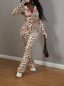 Y2K Stylish Summer Printed 2 Pieces Casual Street Outfit, Long Sleeve Zip-Up Hoodie Crop Top And Pants Set - Brown - View 2