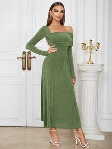 女士复古优雅露肩长袖连衣裙 - 綠色 - 查看 1