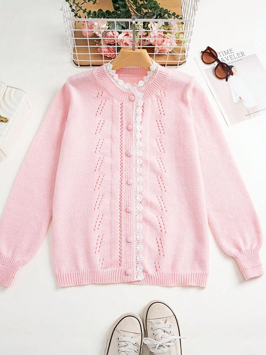 Delicate Design Lace Trimmed Short Knit Cardigan Top For Women - Baby Pink - View 1
