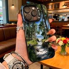 Cubierta de telefono con diseño tropical azul con palmeras y rio para iPhone 14 Pro Max estilo vacaciones en la playa - Negro - Ver 1