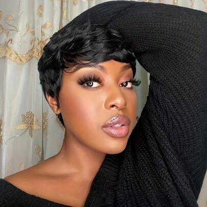 Black Short Human Hair Pixie Cut Wig For Women 1B Black Short Wigs For Black Women Human Hair Layered Short Straight Pixie Wigs With Bangs None Lace Pixie Wigs Human Hair Glueless Wig For Christmas,Valentine's Day, Daily Use Throw On And Go Wig