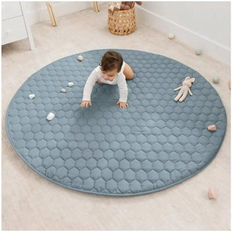 Rectangle Kids Play Mat - Medium 48 x 72 inches Soft Quilted Baby Floor Mat with Non-Slip Bottom - Plush Design for Toddlers Playtime and Relaxation - Comfortable and Durable -(Pacific Blue Round - 153 cm) - Multicolor - Ver 1