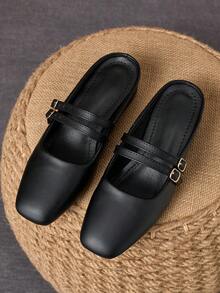 MonaNise 女士3厘米布面包跟黑色时尚百搭玛丽珍低跟粗跟优雅平底鞋，另有藏蓝色、咖啡色、酒红色可选 - 黑色 - 查看 4