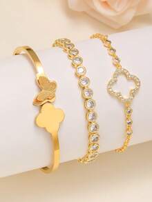 3pcs Fashionable Stainless Steel Zirconia Bracelet Set For Women, Suitable For Party, Gathering, And Daily Wear - Gold - View 2