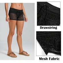 Women's Sexy Casual Black Bikini Shorts Knitted Drawstring Semi-Sheer Short Bottoms Non-Stretch Swimwear