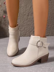 Beige Women's Boots With Strap Buckle Side Zipper Chunky Heel Mid-Heel Round Toe Comfortable Versatile Elegant Commute Daily Ankle Boots, Chelsea Boots - Beige - View 2