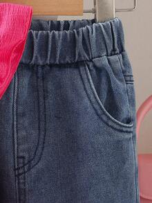 Conjunto Confortável de Top Camisole e Calça Flare Denim com Decoração de Laço, Tecido com Textura de Acabamento Floral Vintage - Pink - Visão 6