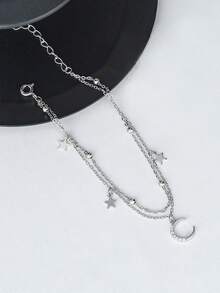 1pc 925 Sterling Silver Star & Moon Geometric Double Layer Bracelet, Fashion Jewelry Gift For Wife, Girlfriend Or Mother, Party, Anniversary, Birthday - Silver Weight 1.74g/0.061oz - White Gold - View 4