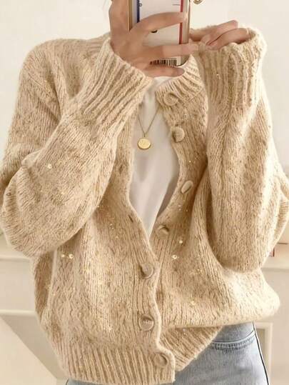 女士优雅时尚圆领长袖开衫毛衣，纯色涤纶面料，纽扣开衫，适合秋冬季日常穿着，柔软舒适——新年假期必备单品