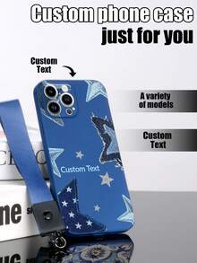 1pc Customizable Blue TPU Phone Case With Star Pattern, 1pc Blue Lanyard Clasp, Customized Text Phone Case, Suitable For Anniversary, Valentine's Day, Birthday, Wedding, Mother's Day, Father's Day, Best Friend Gifts, Gifts For Mom/Dad, Boyfriend/Girlfriend, Compatible With Apple/Android/ Phones - Multicolor - View 1