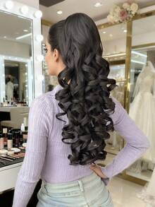 22 pulgadas Extensiones de cabello sintético ondulado y resistente al calor con coleta negra/marrón y clip con cordón, adecuado para uso diario de mujeres - Negro natural - Ver 3