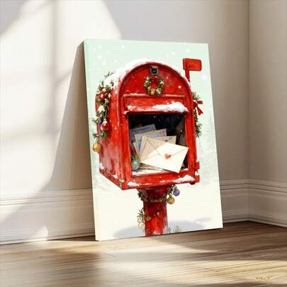 1pc 2d Flat Framed Canvas Poster Red Christmas Mailbox With Snow And Wreath Holiday Wall Art Canvas Paintings Ideal Gift For Bedroom Living Room Corridor Wall Art Room Decoration