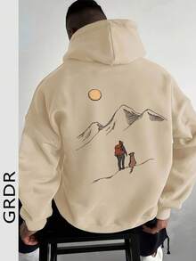 GRDR Men's Mountain Print Long Sleeve Casual Drawstring Hooded Sweatshirt With Pockets - Apricot - View 1