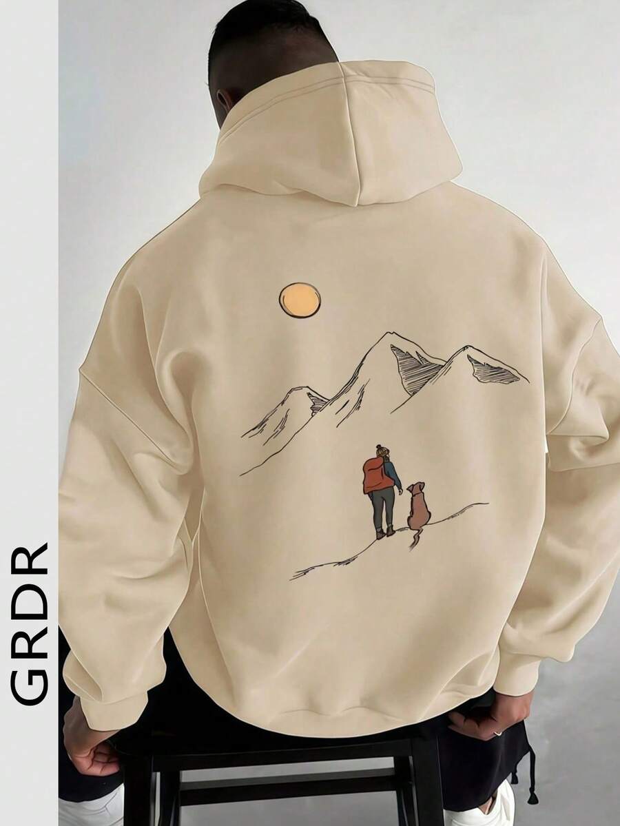 GRDR Men's Mountain Print Long Sleeve Casual Drawstring Hooded Sweatshirt With Pockets - Apricot - View 1