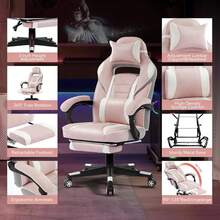 Silla de juegos, silla de videojuegos de cuero PU con soporte lumbar de masaje y reposapiés Silla de juegos de computadora ergonómica grande y alta ajustable en altura con asiento giratorio y reposacabezas para oficina en el hogar - Rosa - Ver 6