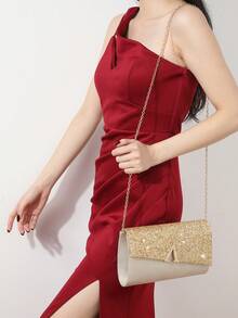 4件套女士水钻耳环、项链、手链及吊坠套装，搭配优雅V形金属装饰手拿包，适合女士舞会、婚礼及派对等场合，可用作单肩包、钱包、手提包、婚包、晚宴包，多功能鸡尾酒会、婚礼新款钱包、宴会包 - 金色 - 查看 5