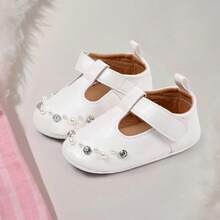 Baby Girls Mary Jane Flats Cute Crystal Pearl Infant Dress Shoes Non-Skid Newborn Crib Shoes - trắng - Xem 1