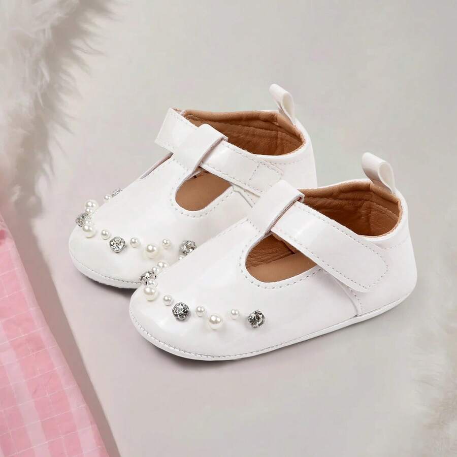 Baby Girls Mary Jane Flats Cute Crystal Pearl Infant Dress Shoes Non-Skid Newborn Crib Shoes - trắng - Xem 1