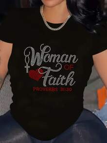 plus size womens elegant black t shirt of faith red 31 25 scripture machine washable round neck top for spring summer fall ladies - Negro - Ver 1