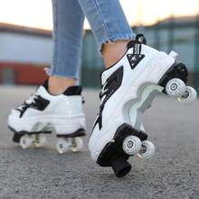 男士一键伸缩直排轮滑鞋，方便携带，可步行也可快速滑行，休闲鞋，男女通用，四季皆宜 - 黑與白 - 查看 3