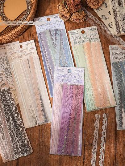 40pcs Lace Pattern Stickers, Pastel Floral Lace Decorative Stickers, Vintage Lace Border Scrapbooking Paper, Self-Adhesive Vintage Scrapbook, Diary, Card Making, Elegant Floral Border Design, Suitable For DIY Crafts, Planners, Invitations, Scrapbooking, Craft Supplies, Fun Decorations, Delicate Patterns, 1pc