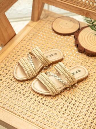 1 双儿童编织水钻装饰，仿皮，露趾，无提手，无肩带，平底，时尚闪亮款式，凉鞋，夏季/日常穿着