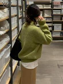 Y6Y Spring Casual High-Quality Solid Color Turndown Collar Knit Sweater For Women, New Style Green Loose Versatile Slim Fit Long Sleeve Pullover - Green - View 2